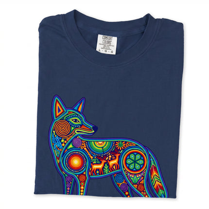 Indigenous Mexican art tee featuring colorful Huichol coyote design print.