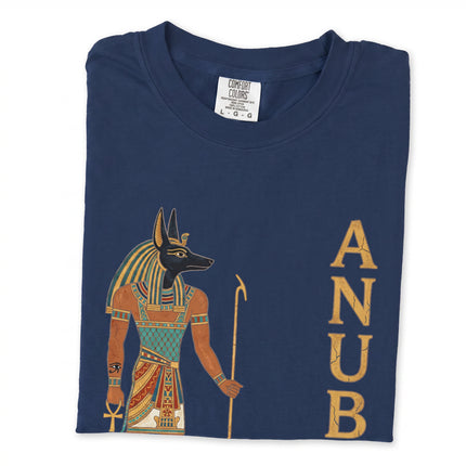 Anubis ancient Egyptian t-shirt graphic art featuring detailed hieroglyphic design print.
