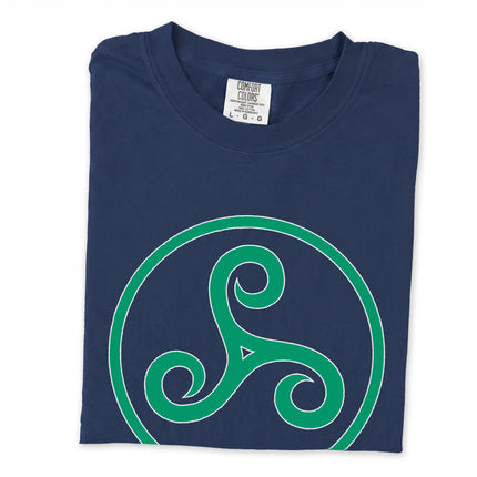 Green Triskelion long sleeve tee with Celtic triple spiral knot design.