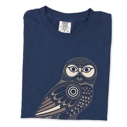 Inuit geometric owl t-shirt featuring a tribal bird graphic print on comfort colors fabric.