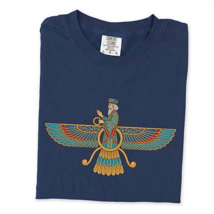 Persian Faravahar winged symbol long sleeve t-shirt featuring Zoroastrian design.