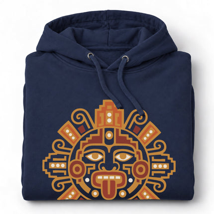 Mesoamerican Sun Hoodie | Mayan Orange Geometric Face Emblem Design
