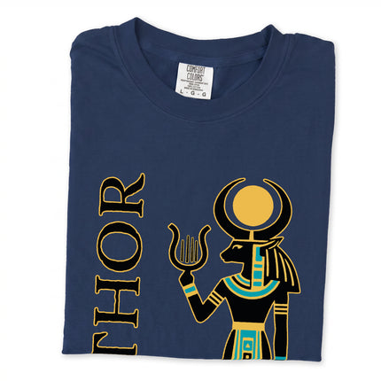 Ancient Egyptian Hathor goddess t-shirt featuring a mythological sun disk design.