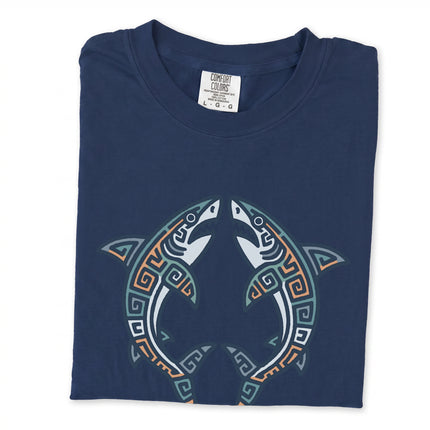 Mayan tribal geometric shark symbol graphic tee shirt with ocean life design.