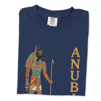 Anubis Egyptian god artwork long sleeve tee featuring jackal-headed deity design.