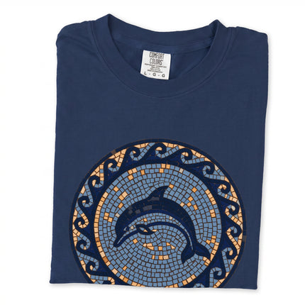 Blue dolphin mosaic t-shirt featuring marine sea life art and classic Greek key accents.