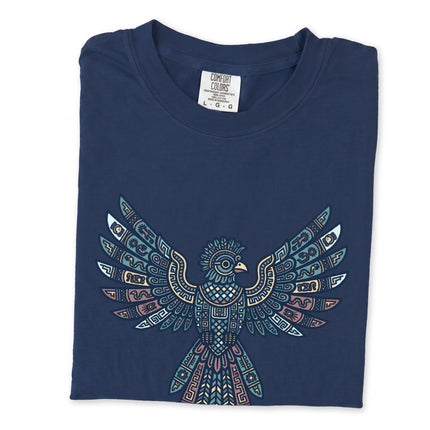 Geometric tribal eagle t-shirt featuring Mayan and Aztec spirit animal designs on Comfort Colors fabric.