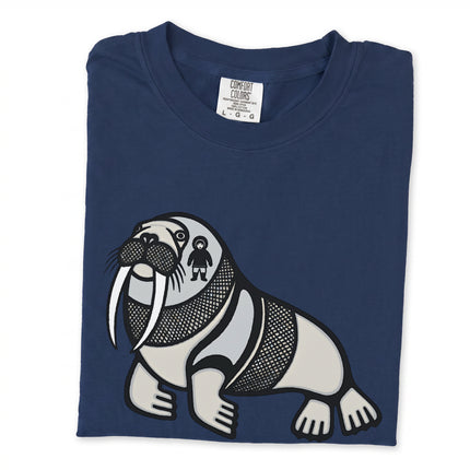 Inuit walrus graphic t-shirt featuring traditional Arctic Indigenous artwork design.