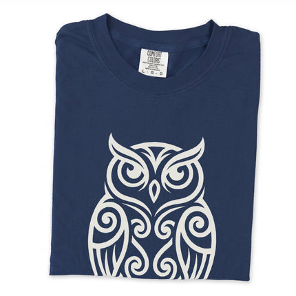 Black long sleeve tee featuring geometric owl line art design.