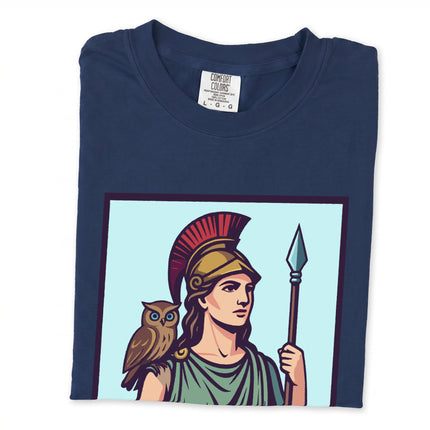 Athena Greek Goddess T-Shirt featuring mythological owl and spear graphics on a unisex tee.