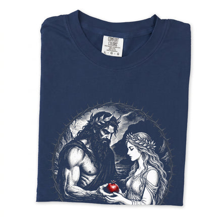 Hades and Persephone Greek mythology graphic tee design featuring detailed mythological art.