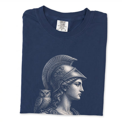 Pallas Athene goddess t-shirt featuring Greek mythology art and an owl symbol design.