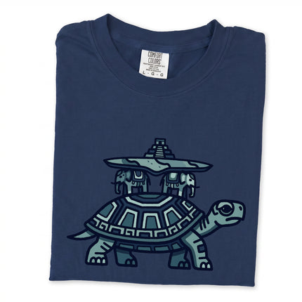 World Turtle Mayan Temple graphic tee shirt featuring ancient mythology art.