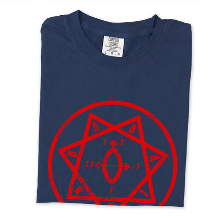 Black long sleeve tee featuring the red Star of Babalon thelemic emblem.