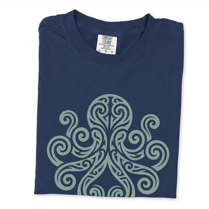 Tribal octopus kraken graphic t-shirt featuring intricate Celtic swirl designs on a comfortable tee.