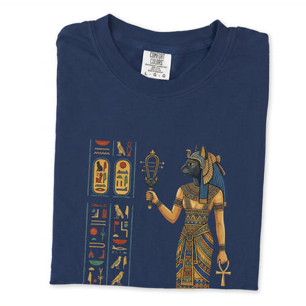 Egyptian goddess Bastet art print on a vintage style t-shirt, featuring ancient Egyptian history design.