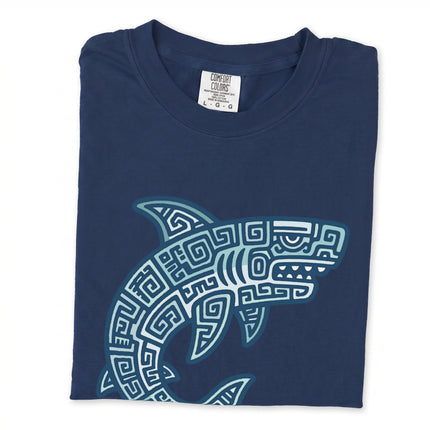 Blue geometric Mayan tribal shark graphic tee featuring oceanic patterns on a comfortable t-shirt.