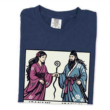 Izanami Izanagi Shinto gods graphic tee featuring Japanese mythology art on a unisex shirt.