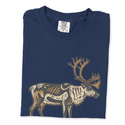 Arctic reindeer graphic tee with traditional Inuit caribou symbols print.