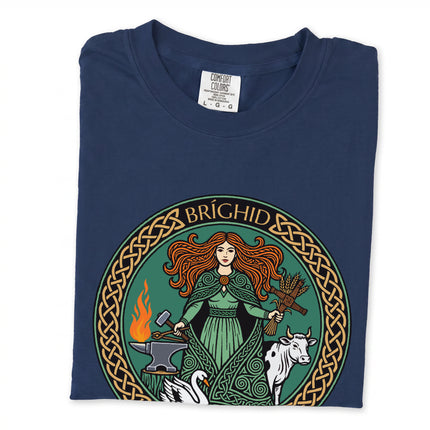Brighid Celtic Goddess t-shirt featuring Irish mythological art of fire, forge, swan, and cow motifs.