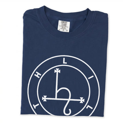 White long sleeve t-shirt featuring a circular occult sigil graphic print.