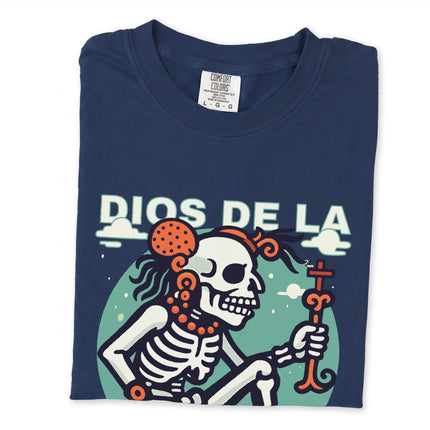 Mayan Death God skeleton graphic tee shirt featuring Yum Kimil mythology art print.