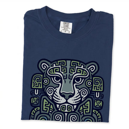 Mayan jaguar tribal art graphic tee shirt featuring ancient Mesoamerican style print.