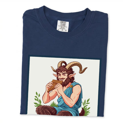 Pan satyr graphic t-shirt design featuring the Great God Pan with a flute, inspired by Greek mythology.