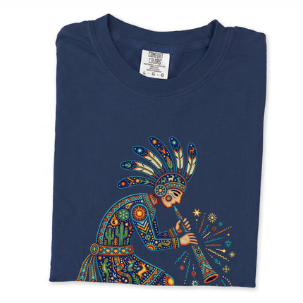 Colorful southwestern flute player graphic tee featuring vibrant cultural art.
