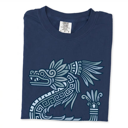 Quetzalcoatl feathered serpent t-shirt design with ancient Aztec and Mayan mythology motifs.