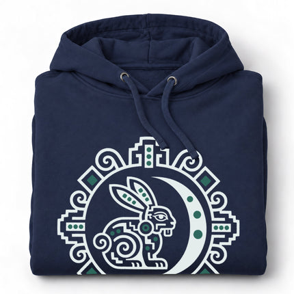 Maya Rabbit Moon Hoodie | White and Teal Crescent Medallion