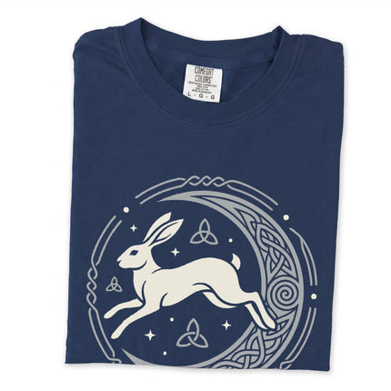 Celtic hare knotwork long sleeve t-shirt featuring moon and mystical Celtic graphic design.