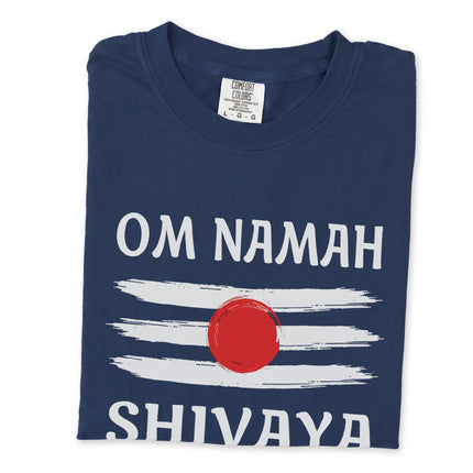 Om Namah Shivaya mantra t-shirt with sacred Hindu Tripundra graphic print.