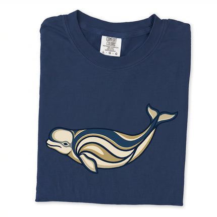 Beluga whale t-shirt featuring indigenous Inuit marine artwork design.