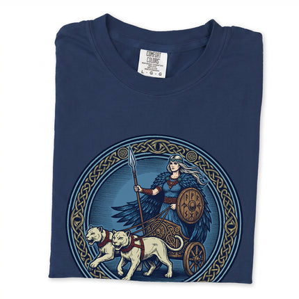 Viking mythology t-shirt featuring Freyja, the Norse Goddess, and her cat chariot graphic.