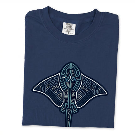 Mayan tribal stingray graphic tee featuring geometric blue ocean animal pattern print.
