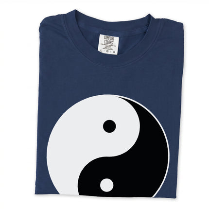 Black and white Yin Yang Taijitu symbol graphic on a long sleeve t-shirt.