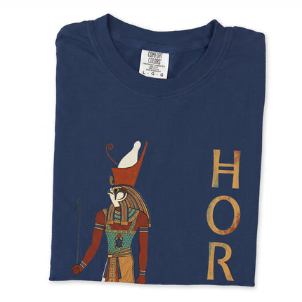 Horus Egyptian god t-shirt graphic featuring detailed hieroglyphic artwork design.