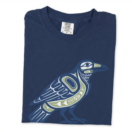 Raven symbol T-shirt featuring Pacific Northwest and Inuit indigenous art graphic design.