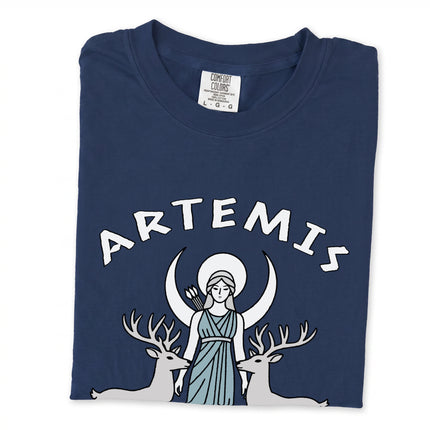 Artemis goddess t-shirt design featuring wild stag imagery under a celestial moon, Greek mythology tee.