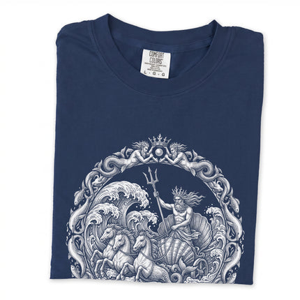 Poseidon Greek Sea God t-shirt featuring a chariot and trident design.