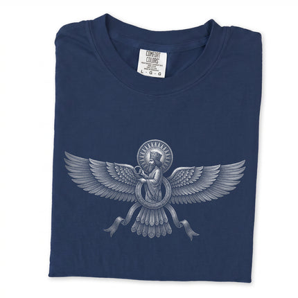 Unisex t-shirt featuring the Faravahar symbol of Zoroastrianism and ancient Persian mythology.