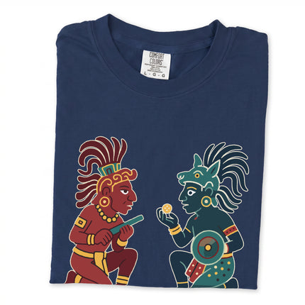 Popol Vuh graphic tee featuring Hunahpu and Xbalanque Mayan mythology artwork.