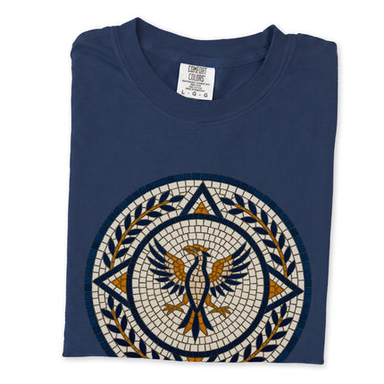 Roman blue mosaic phoenix design t-shirt featuring mythological Roman bird art.