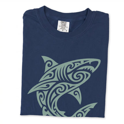 Bold tribal shark tattoo graphic t-shirt featuring Polynesian style artwork.