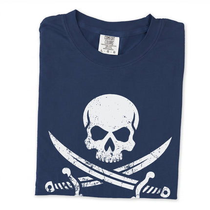 Jolly Roger pirate skull and cutlass graphic on a long sleeve tee.