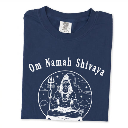 Lord Shiva Om Namah Shivaya mantra graphic t-shirt design for Hindu spirituality.