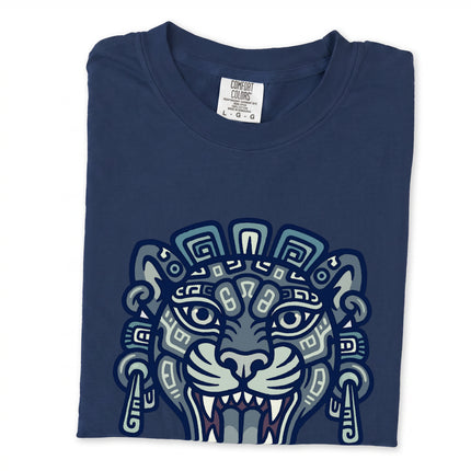 Mayan jaguar head tribal art graphic tee shirt design featuring ancient Mesoamerican style.