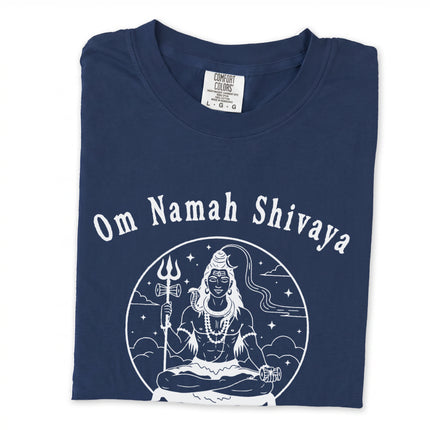 Om Namah Shivaya mantra graphic long sleeve t-shirt featuring spiritual Hindu design.