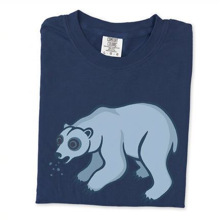 Goofy blue polar bear spitting snow graphic tee shirt, unisex arctic animal apparel design.